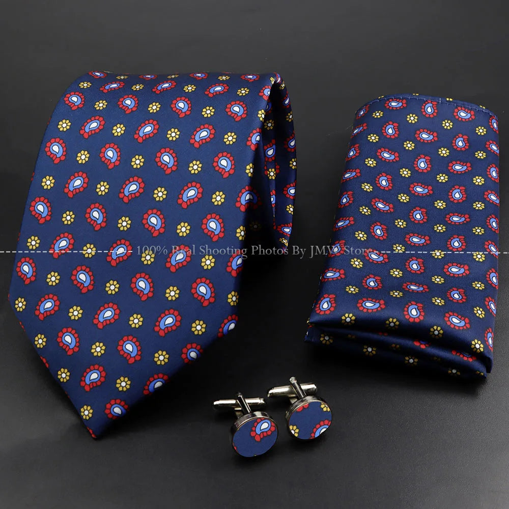 Men's 7.5cm Soft Silk Tie Set With Pocket Square Cufflinks Boutonniere Blue Green Orange Dot Floral Neckwear For Wedding Busines