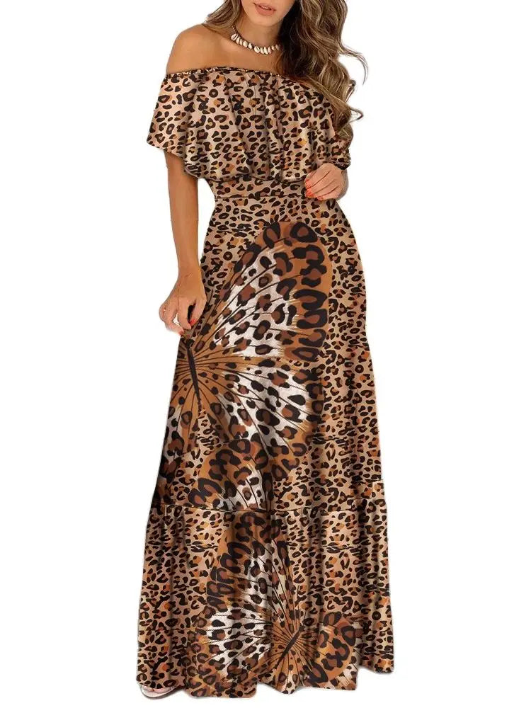 Pop 2022 New Fashion Leopard Robe Print Long Dress Ruffle Maxi Sundress Bohemian Women Summer Sexy Casual Elegant Strapless Vest