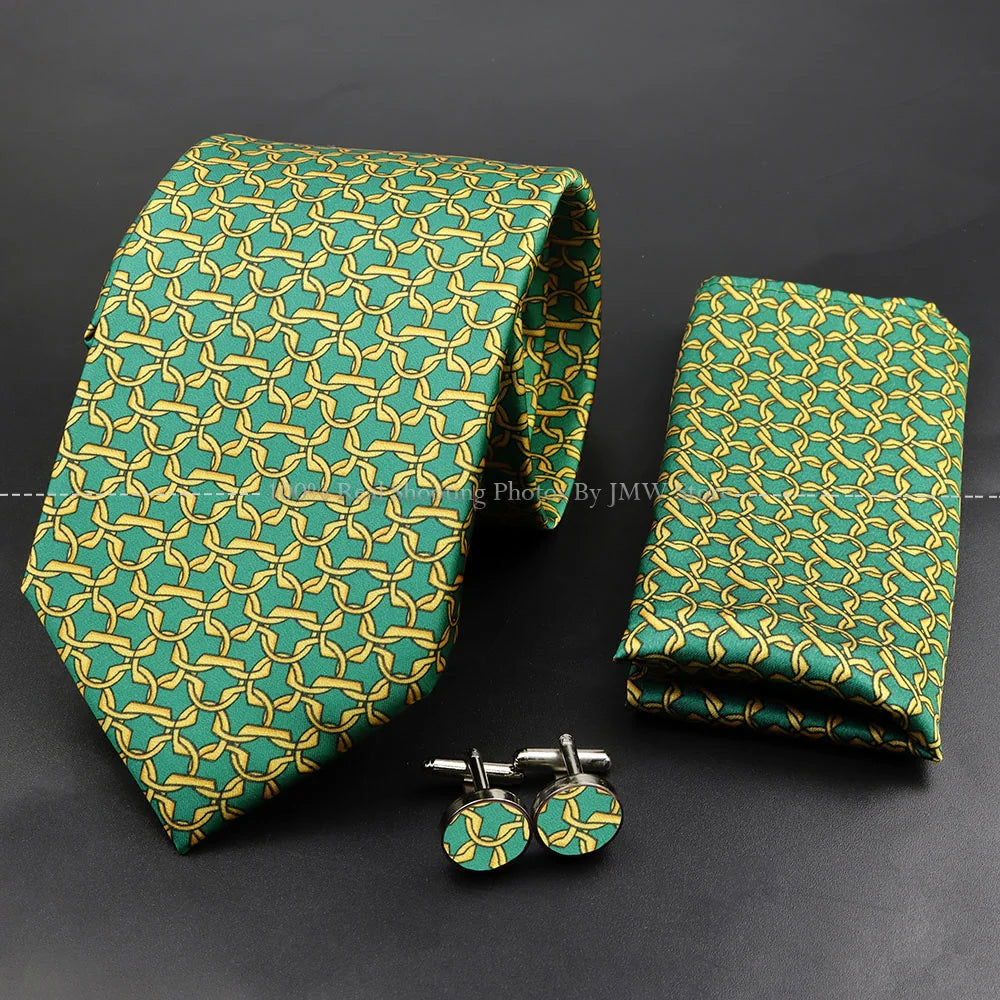 Men's 7.5cm Soft Silk Tie Set With Pocket Square Cufflinks Boutonniere Blue Green Orange Dot Floral Neckwear For Wedding Busines