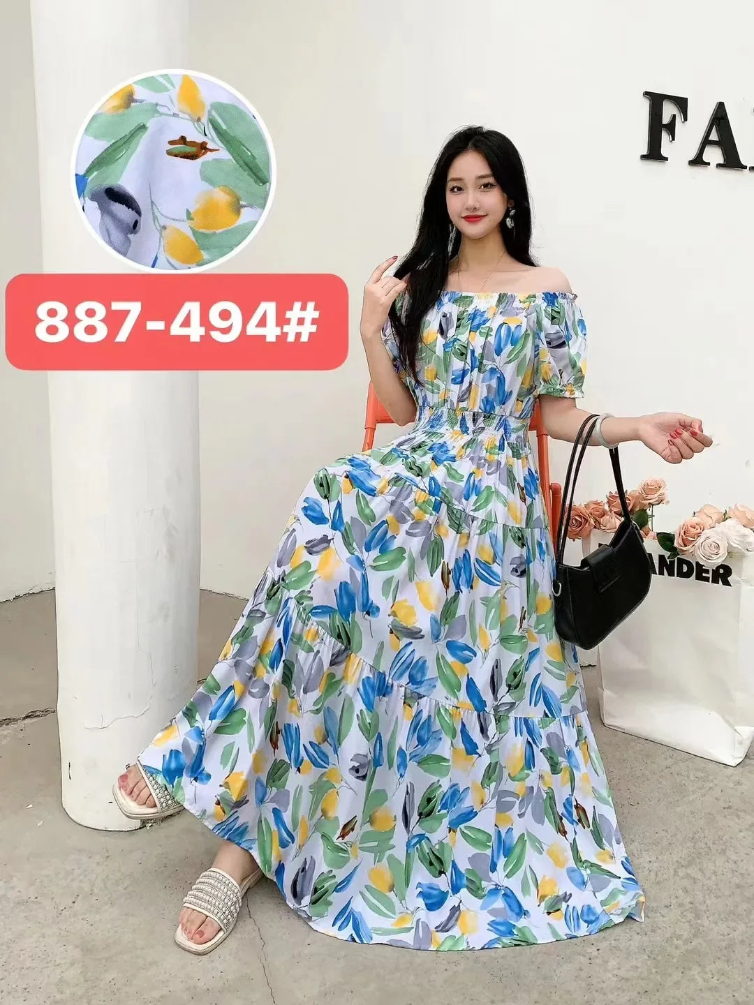 Sexy Slash Neck Long Dress Women Summer Indian Clothes Bohemian Cotton Print Floral Boho Korean Fashion Style Casual Big Skirt