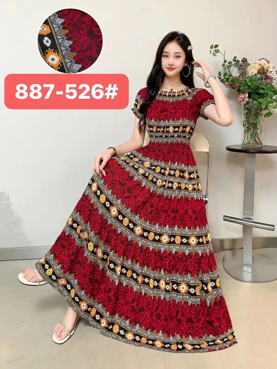 Sexy Slash Neck Long Dress Women Summer Indian Clothes Bohemian Cotton Print Floral Boho Korean Fashion Style Casual Big Skirt