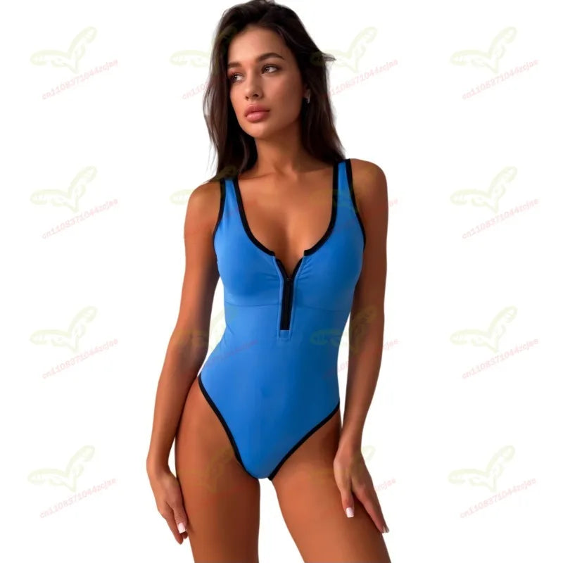 New Fashion Women's One-Piece Swimsuit, Solid Color High Waist Sleeveless Zipper Swimwear for European and American Market