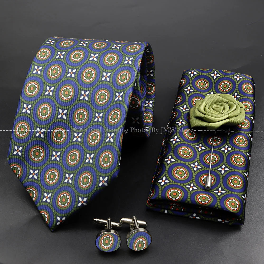 Men's 7.5cm Soft Silk Tie Set With Pocket Square Cufflinks Boutonniere Blue Green Orange Dot Floral Neckwear For Wedding Busines