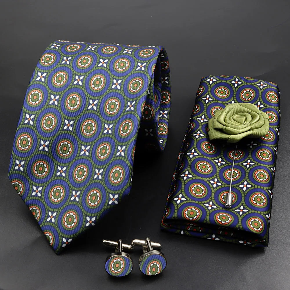 Men's 7.5cm Soft Silk Tie Set With Pocket Square Cufflinks Boutonniere Blue Green Orange Dot Floral Neckwear For Wedding Busines