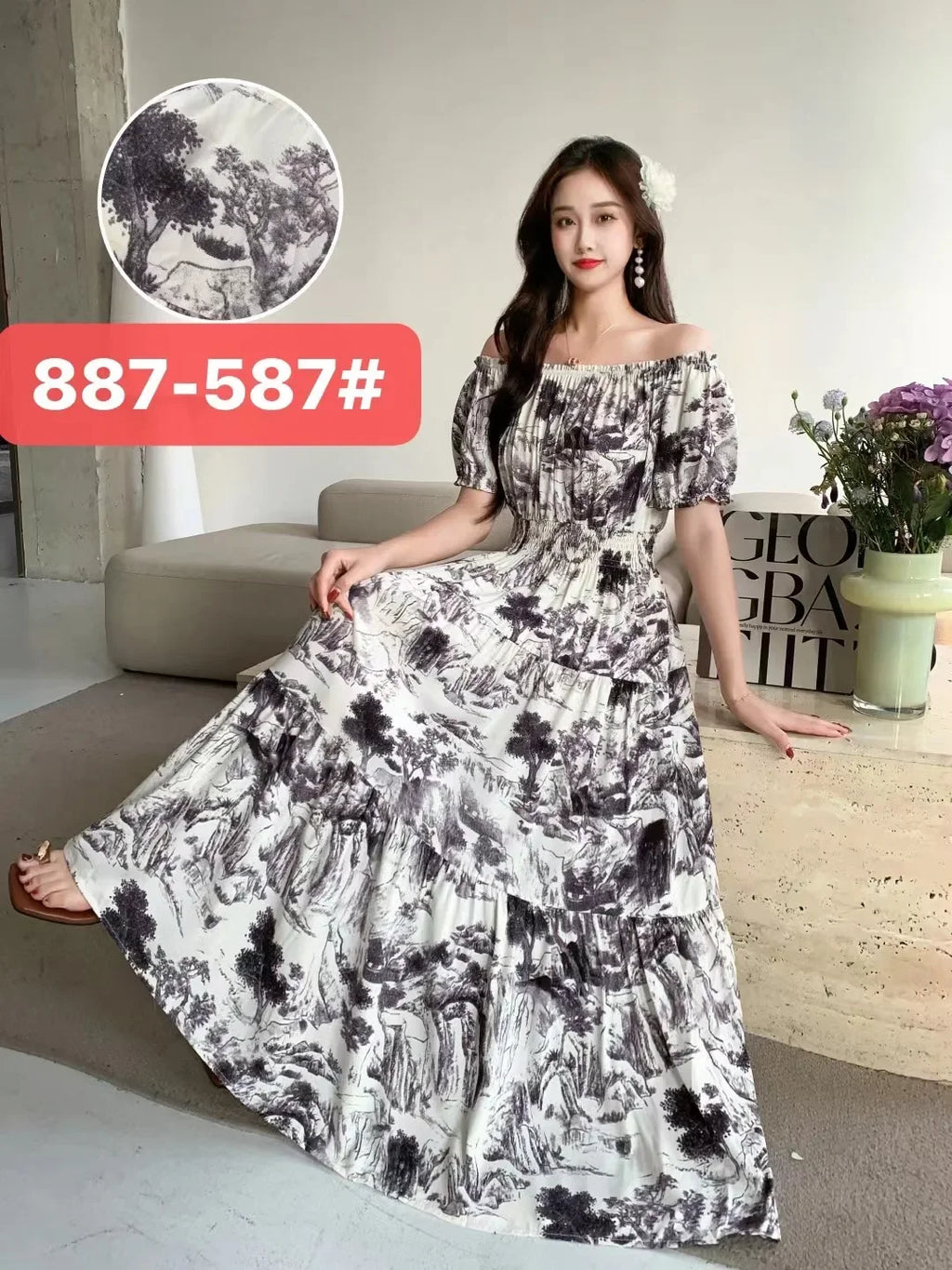 Sexy Slash Neck Long Dress Women Summer Indian Clothes Bohemian Cotton Print Floral Boho Korean Fashion Style Casual Big Skirt