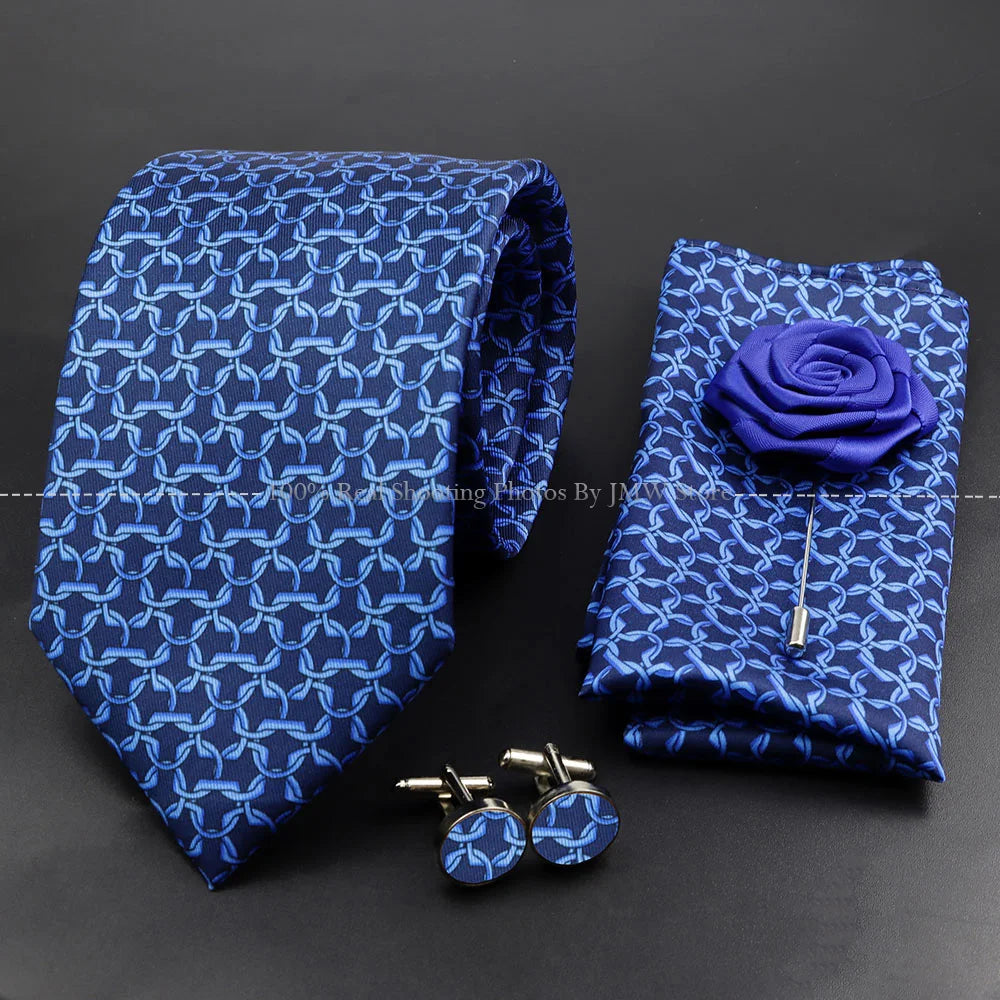Men's 7.5cm Soft Silk Tie Set With Pocket Square Cufflinks Boutonniere Blue Green Orange Dot Floral Neckwear For Wedding Busines
