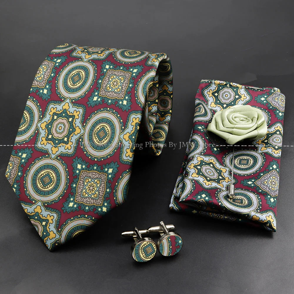 Men's 7.5cm Soft Silk Tie Set With Pocket Square Cufflinks Boutonniere Blue Green Orange Dot Floral Neckwear For Wedding Busines