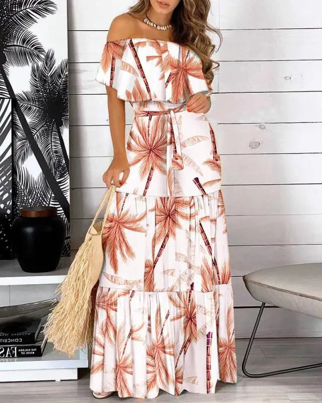 Pop 2022 New Fashion Leopard Robe Print Long Dress Ruffle Maxi Sundress Bohemian Women Summer Sexy Casual Elegant Strapless Vest