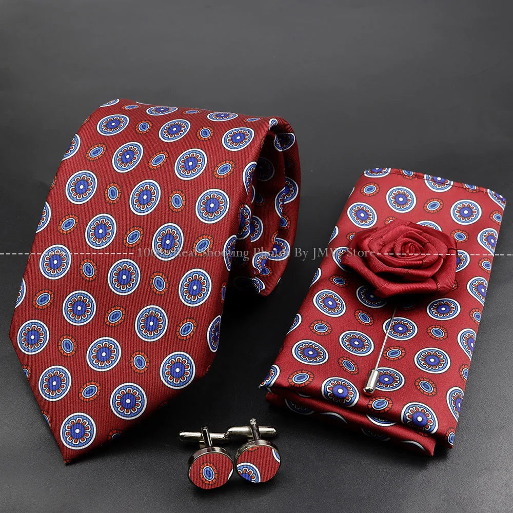 Men's 7.5cm Soft Silk Tie Set With Pocket Square Cufflinks Boutonniere Blue Green Orange Dot Floral Neckwear For Wedding Busines
