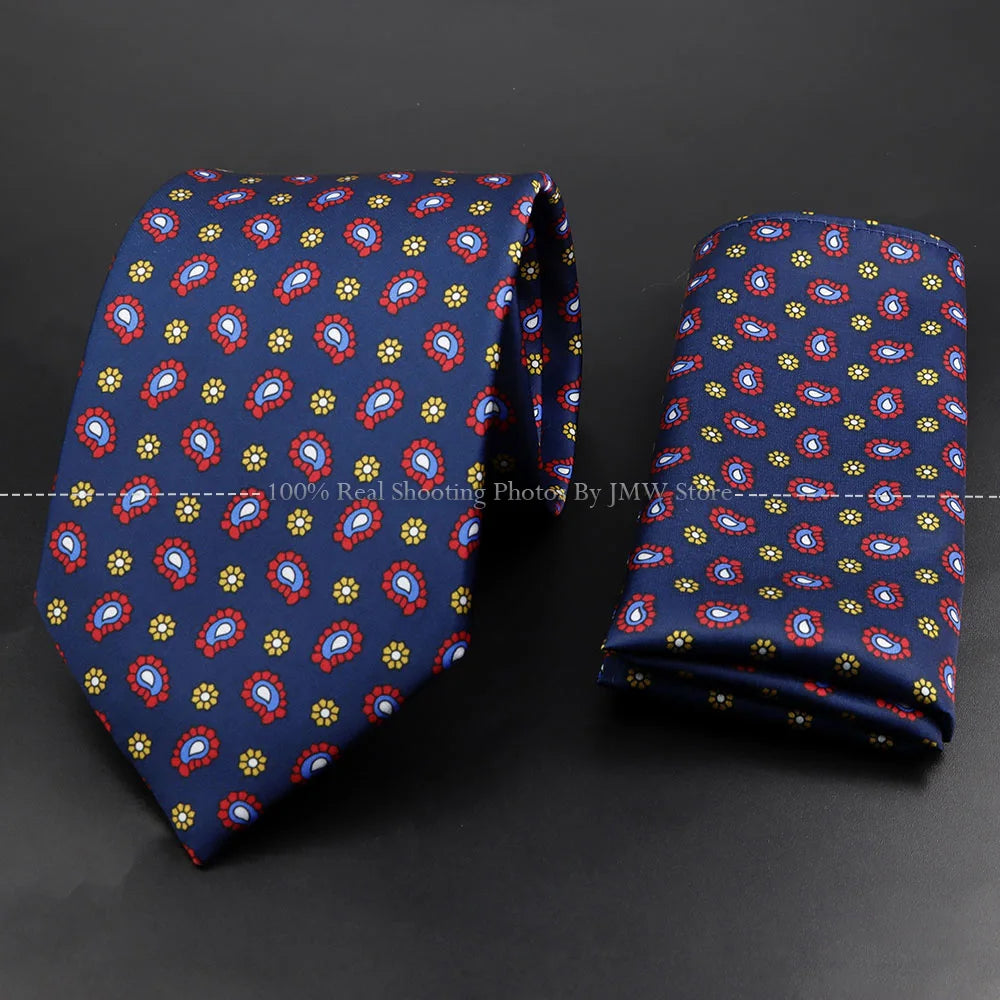 Men's 7.5cm Soft Silk Tie Set With Pocket Square Cufflinks Boutonniere Blue Green Orange Dot Floral Neckwear For Wedding Busines