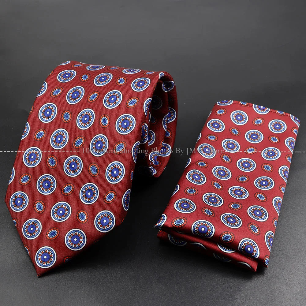 Men's 7.5cm Soft Silk Tie Set With Pocket Square Cufflinks Boutonniere Blue Green Orange Dot Floral Neckwear For Wedding Busines