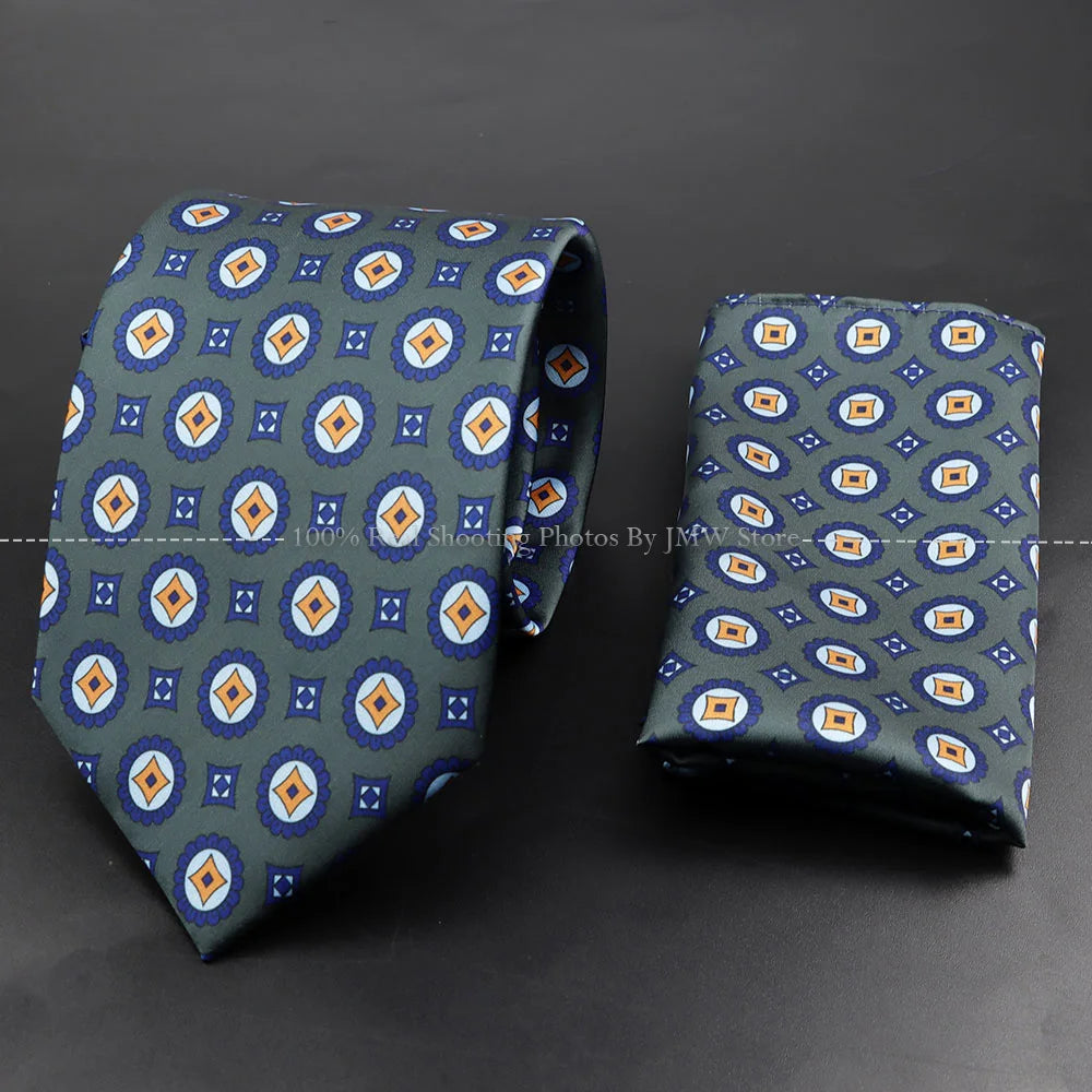Men's 7.5cm Soft Silk Tie Set With Pocket Square Cufflinks Boutonniere Blue Green Orange Dot Floral Neckwear For Wedding Busines