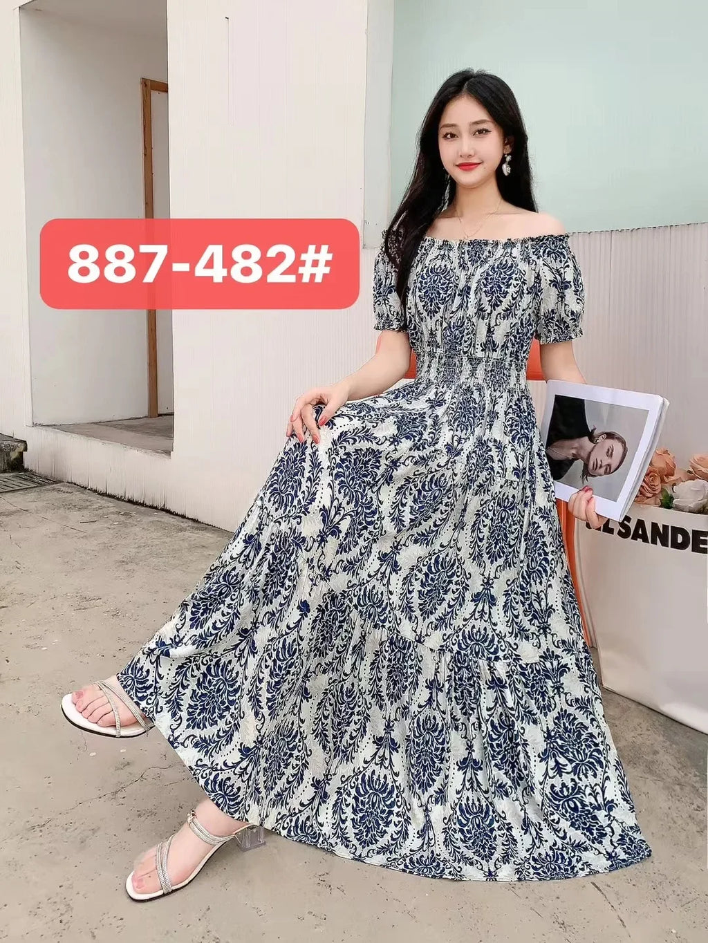 Sexy Slash Neck Long Dress Women Summer Indian Clothes Bohemian Cotton Print Floral Boho Korean Fashion Style Casual Big Skirt