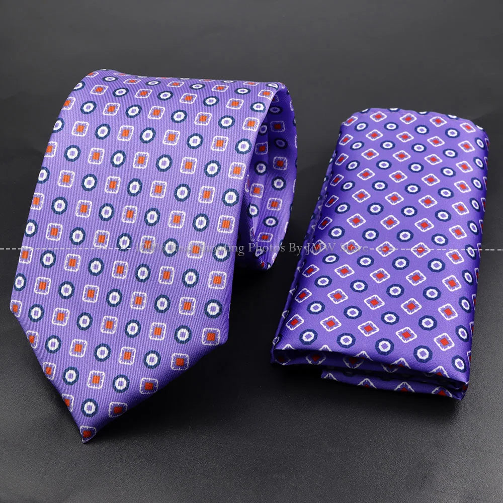 Men's 7.5cm Soft Silk Tie Set With Pocket Square Cufflinks Boutonniere Blue Green Orange Dot Floral Neckwear For Wedding Busines