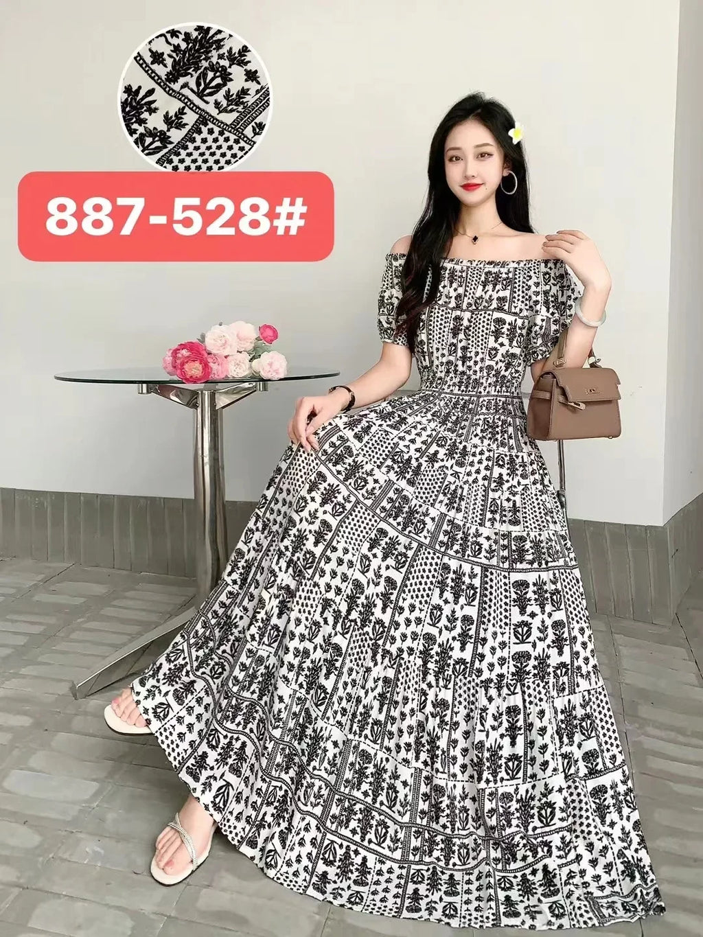 Sexy Slash Neck Long Dress Women Summer Indian Clothes Bohemian Cotton Print Floral Boho Korean Fashion Style Casual Big Skirt