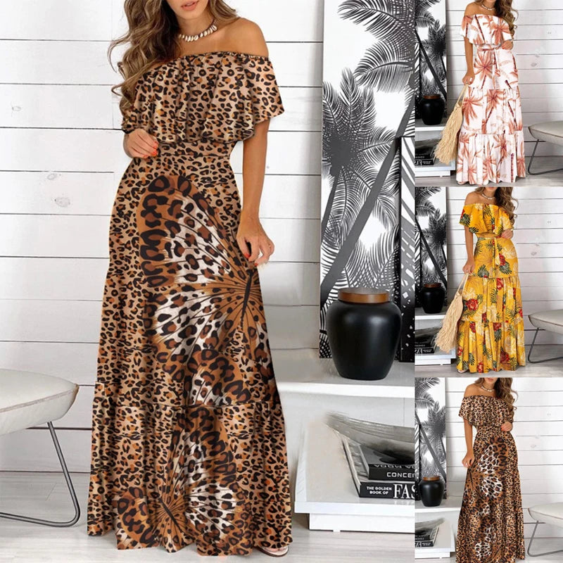 Pop 2022 New Fashion Leopard Robe Print Long Dress Ruffle Maxi Sundress Bohemian Women Summer Sexy Casual Elegant Strapless Vest