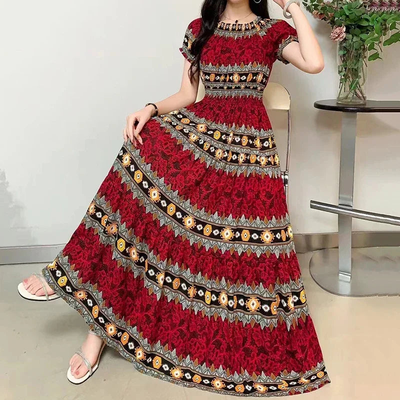 Sexy Slash Neck Long Dress Women Summer Indian Clothes Bohemian Cotton Print Floral Boho Korean Fashion Style Casual Big Skirt
