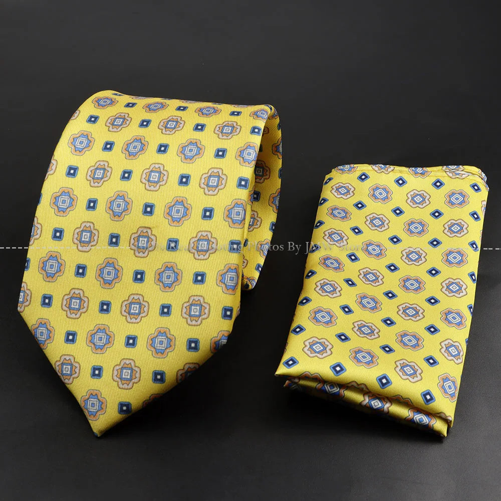 Men's 7.5cm Soft Silk Tie Set With Pocket Square Cufflinks Boutonniere Blue Green Orange Dot Floral Neckwear For Wedding Busines