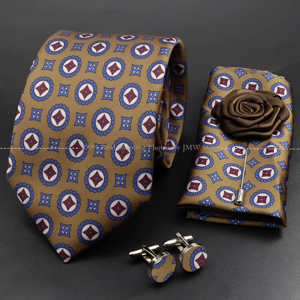 Men's 7.5cm Soft Silk Tie Set With Pocket Square Cufflinks Boutonniere Blue Green Orange Dot Floral Neckwear For Wedding Busines