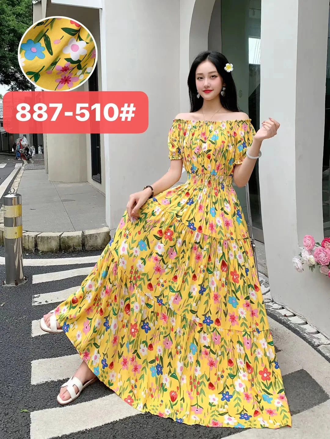 Sexy Slash Neck Long Dress Women Summer Indian Clothes Bohemian Cotton Print Floral Boho Korean Fashion Style Casual Big Skirt