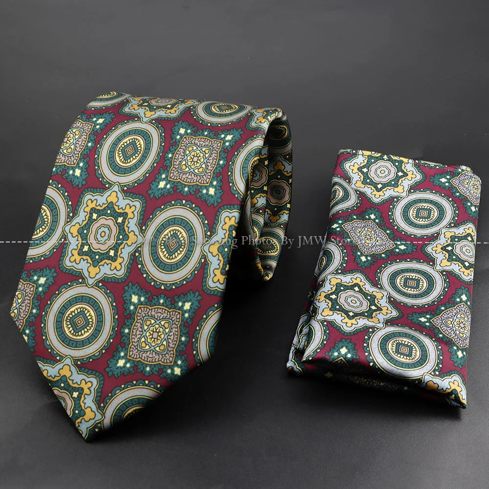 Men's 7.5cm Soft Silk Tie Set With Pocket Square Cufflinks Boutonniere Blue Green Orange Dot Floral Neckwear For Wedding Busines