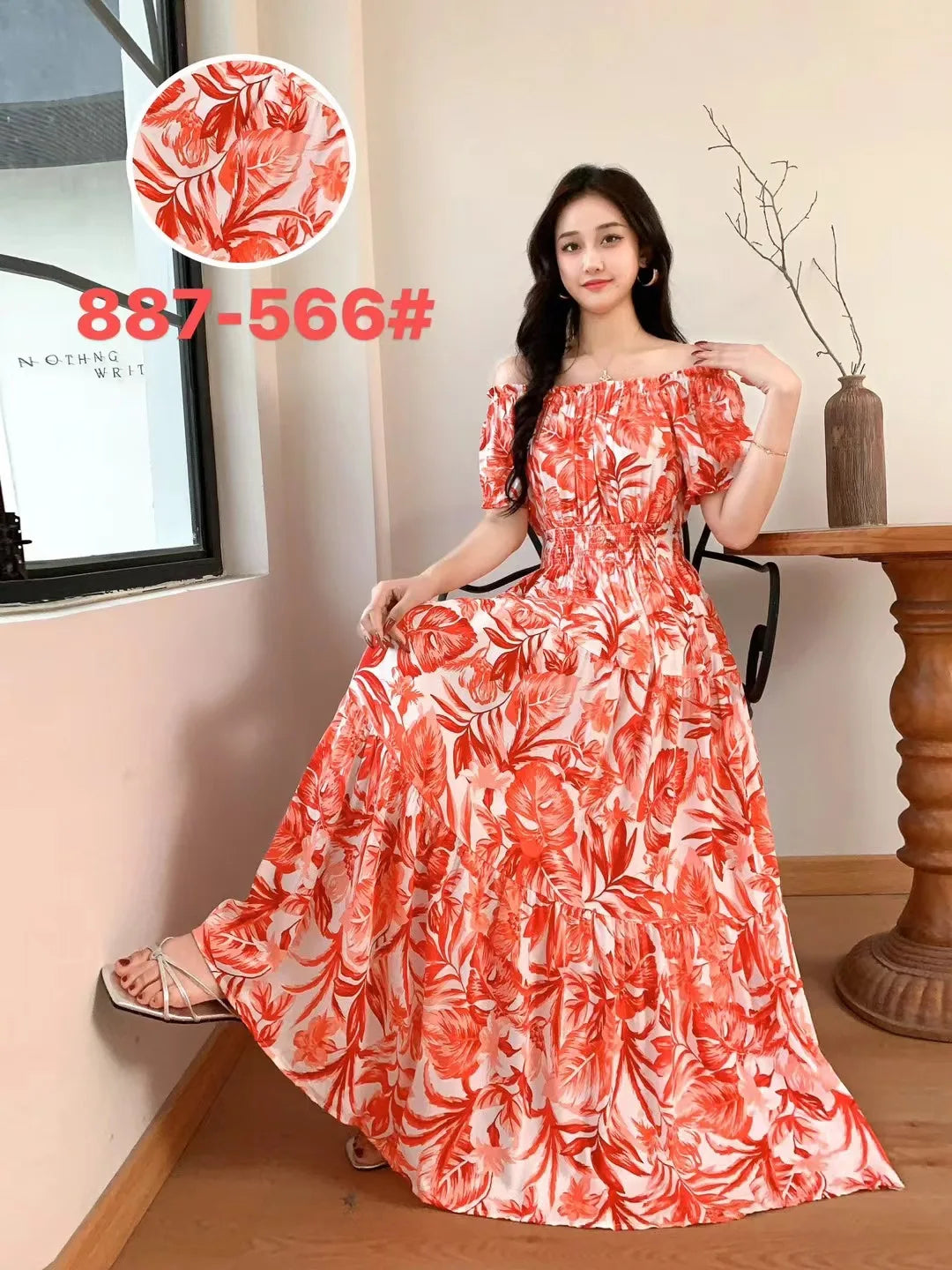 Sexy Slash Neck Long Dress Women Summer Indian Clothes Bohemian Cotton Print Floral Boho Korean Fashion Style Casual Big Skirt