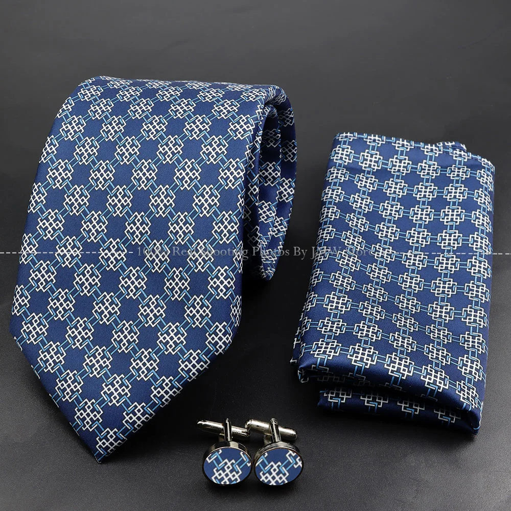 Men's 7.5cm Soft Silk Tie Set With Pocket Square Cufflinks Boutonniere Blue Green Orange Dot Floral Neckwear For Wedding Busines