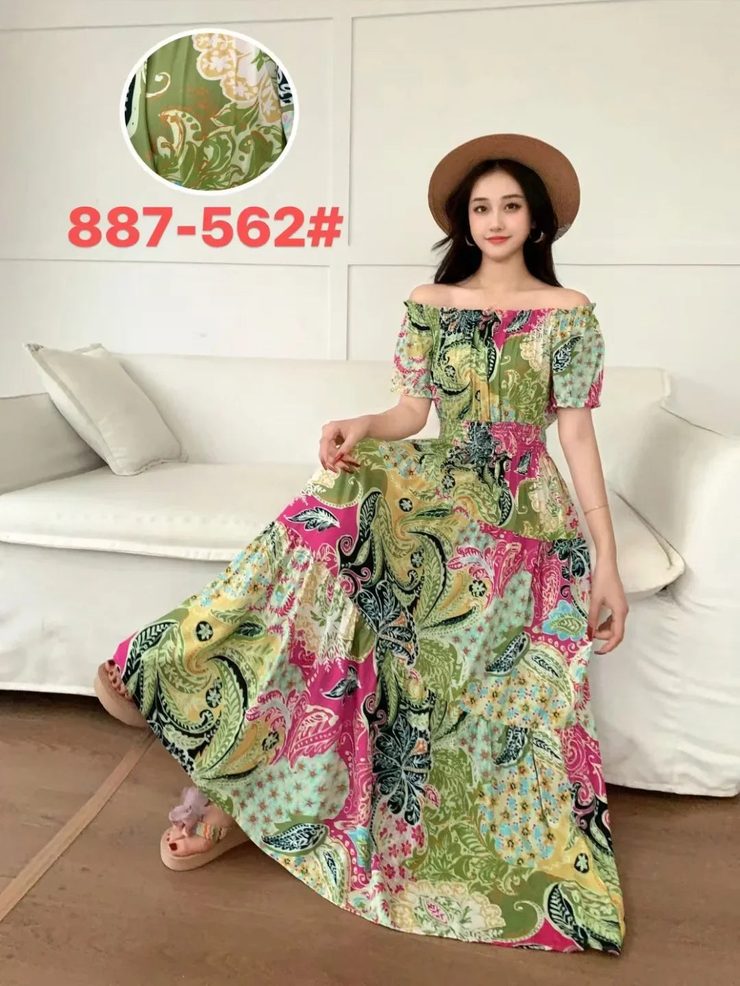 Sexy Slash Neck Long Dress Women Summer Indian Clothes Bohemian Cotton Print Floral Boho Korean Fashion Style Casual Big Skirt