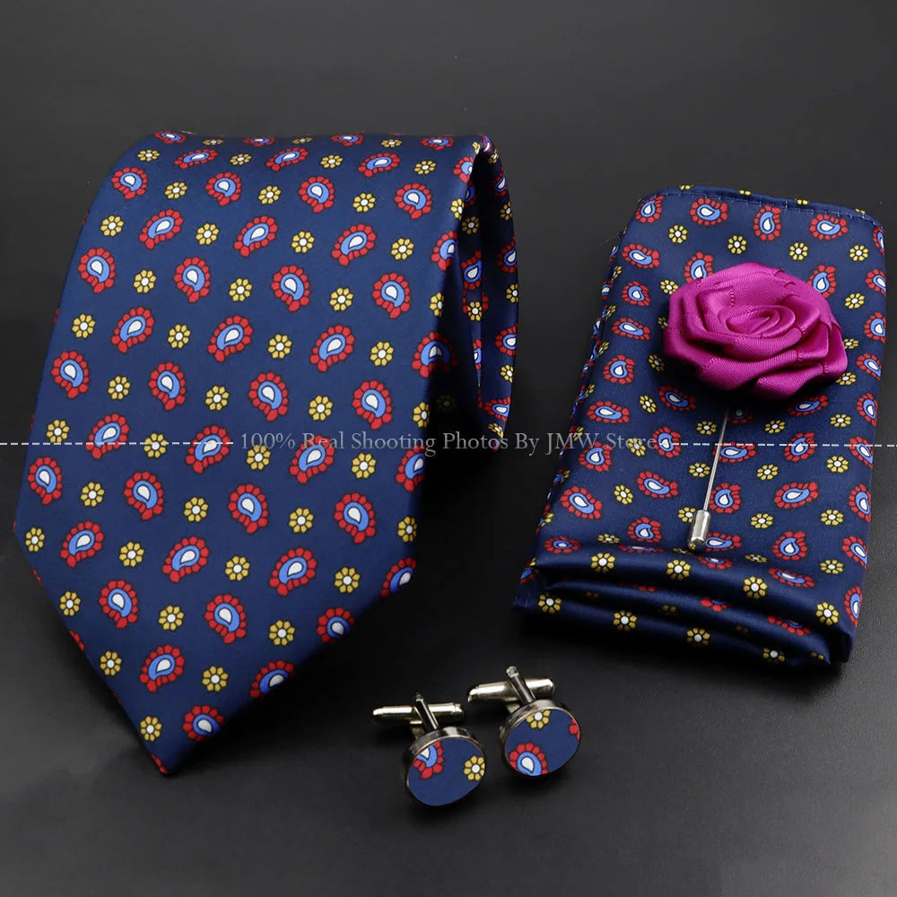 Men's 7.5cm Soft Silk Tie Set With Pocket Square Cufflinks Boutonniere Blue Green Orange Dot Floral Neckwear For Wedding Busines