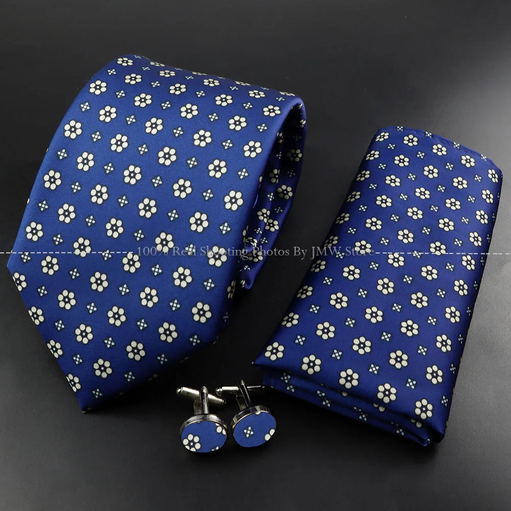 Men's 7.5cm Soft Silk Tie Set With Pocket Square Cufflinks Boutonniere Blue Green Orange Dot Floral Neckwear For Wedding Busines