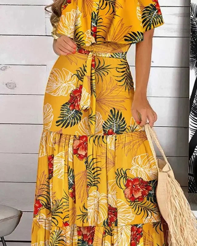 Pop 2022 New Fashion Leopard Robe Print Long Dress Ruffle Maxi Sundress Bohemian Women Summer Sexy Casual Elegant Strapless Vest