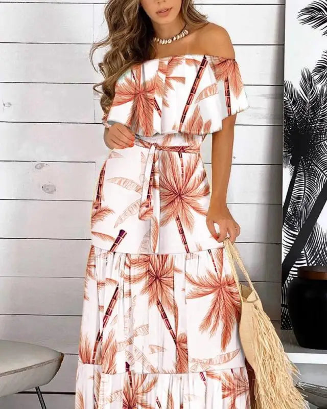 Pop 2022 New Fashion Leopard Robe Print Long Dress Ruffle Maxi Sundress Bohemian Women Summer Sexy Casual Elegant Strapless Vest