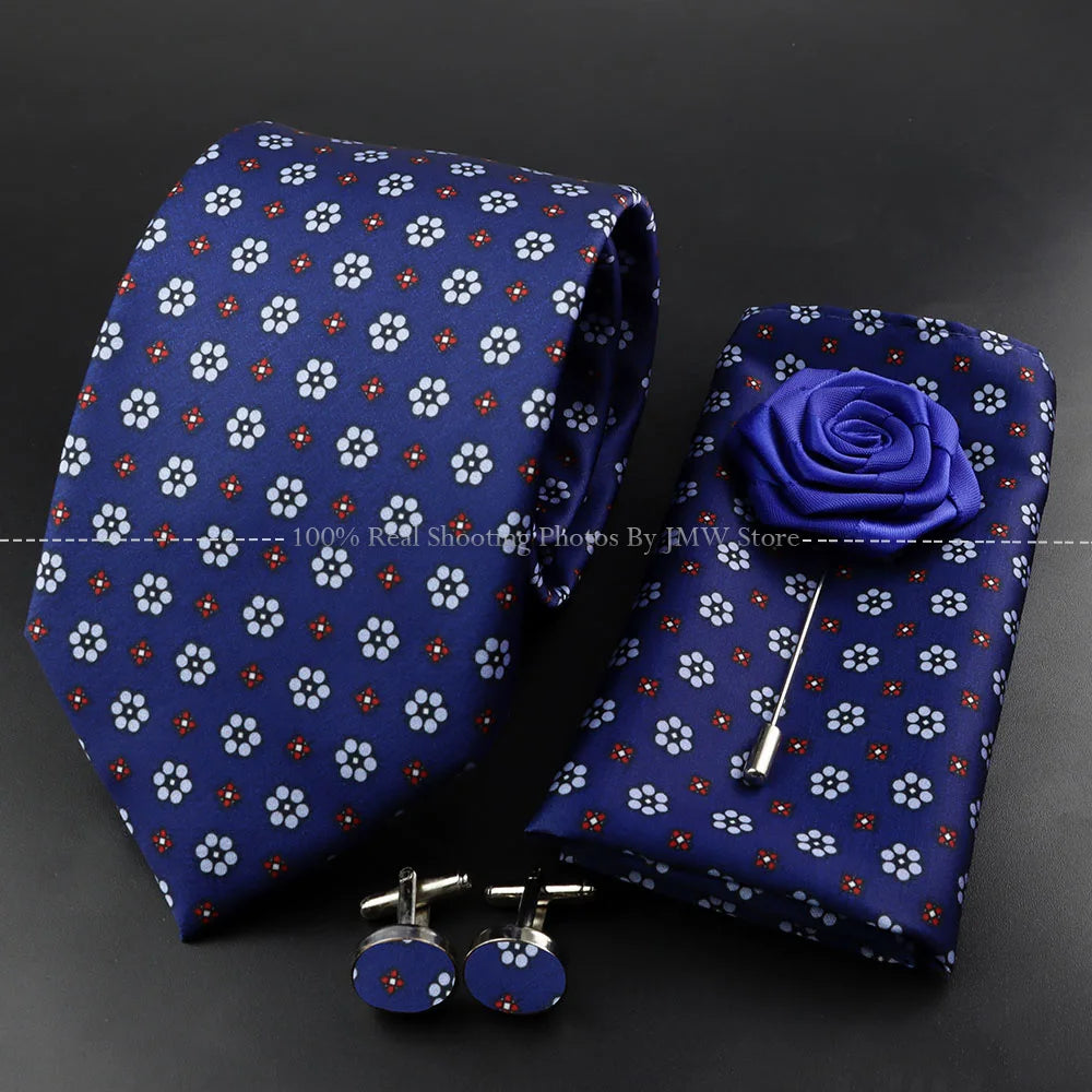 Men's 7.5cm Soft Silk Tie Set With Pocket Square Cufflinks Boutonniere Blue Green Orange Dot Floral Neckwear For Wedding Busines