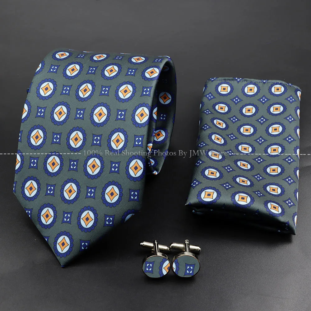 Men's 7.5cm Soft Silk Tie Set With Pocket Square Cufflinks Boutonniere Blue Green Orange Dot Floral Neckwear For Wedding Busines