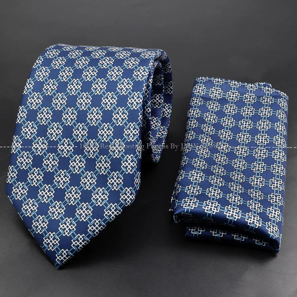 Men's 7.5cm Soft Silk Tie Set With Pocket Square Cufflinks Boutonniere Blue Green Orange Dot Floral Neckwear For Wedding Busines