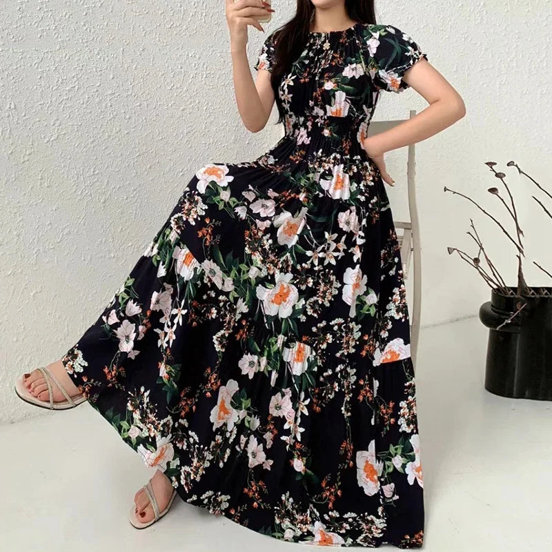 Sexy Slash Neck Long Dress Women Summer Indian Clothes Bohemian Cotton Print Floral Boho Korean Fashion Style Casual Big Skirt