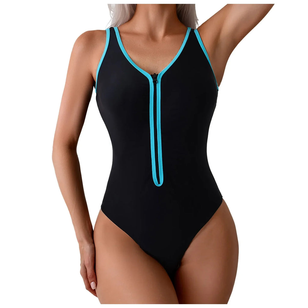 Women Tight Zipper Swimsuit Solid Color Sleeveless Zipper 1 Piece Competitive Swimsuit Holiday Swimwear купальник женский 2025