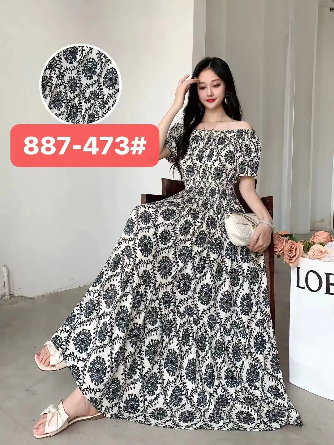 Sexy Slash Neck Long Dress Women Summer Indian Clothes Bohemian Cotton Print Floral Boho Korean Fashion Style Casual Big Skirt