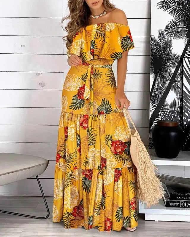 Pop 2022 New Fashion Leopard Robe Print Long Dress Ruffle Maxi Sundress Bohemian Women Summer Sexy Casual Elegant Strapless Vest