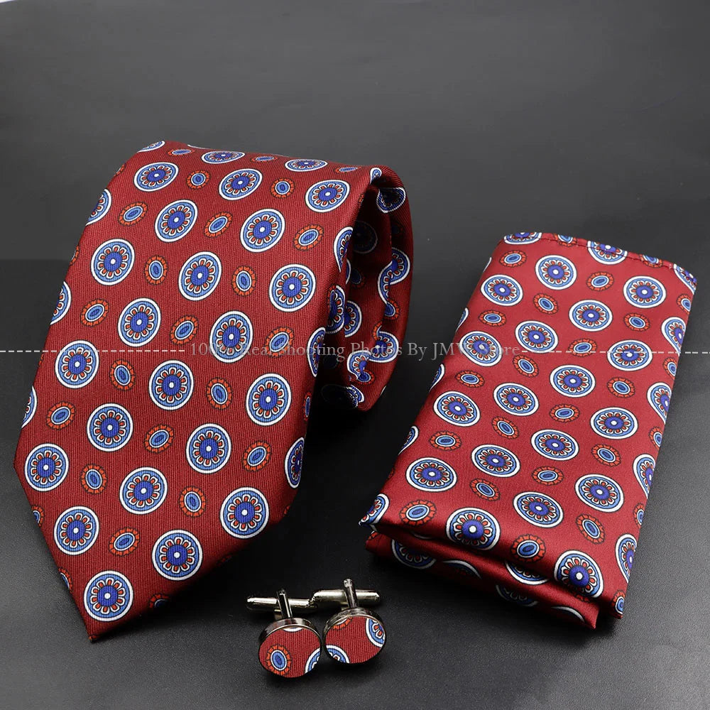 Men's 7.5cm Soft Silk Tie Set With Pocket Square Cufflinks Boutonniere Blue Green Orange Dot Floral Neckwear For Wedding Busines