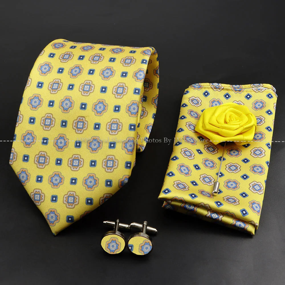 Men's 7.5cm Soft Silk Tie Set With Pocket Square Cufflinks Boutonniere Blue Green Orange Dot Floral Neckwear For Wedding Busines