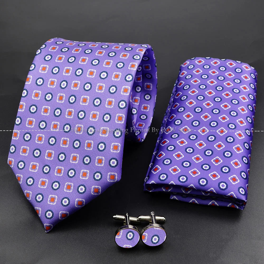 Men's 7.5cm Soft Silk Tie Set With Pocket Square Cufflinks Boutonniere Blue Green Orange Dot Floral Neckwear For Wedding Busines