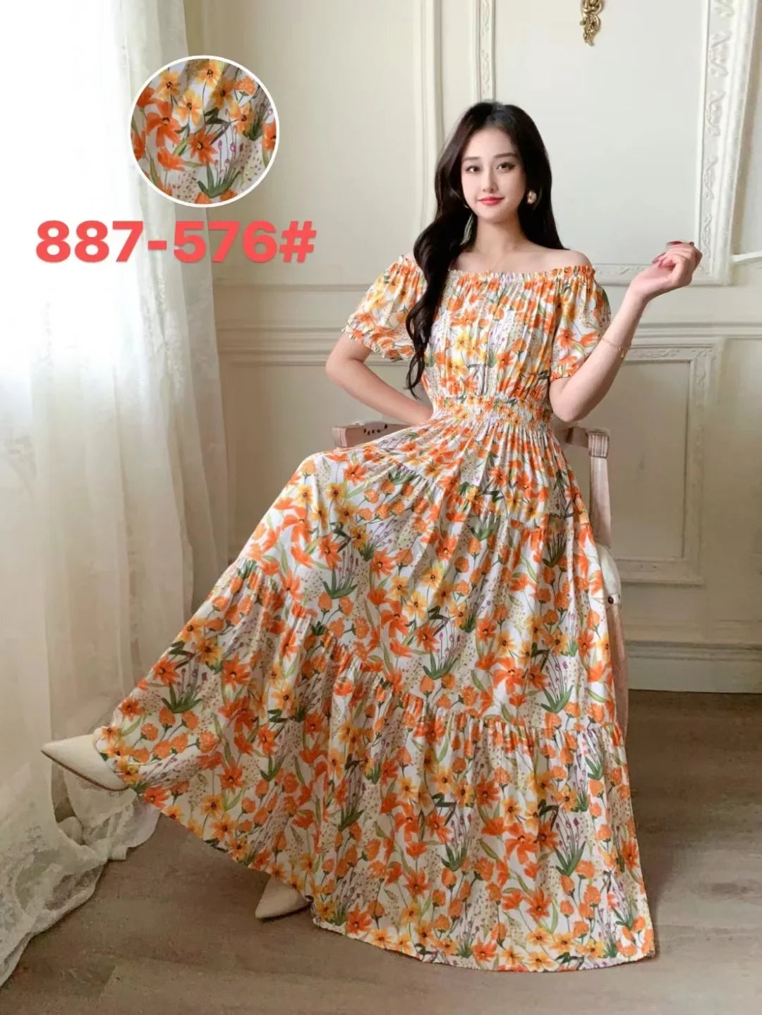 Sexy Slash Neck Long Dress Women Summer Indian Clothes Bohemian Cotton Print Floral Boho Korean Fashion Style Casual Big Skirt