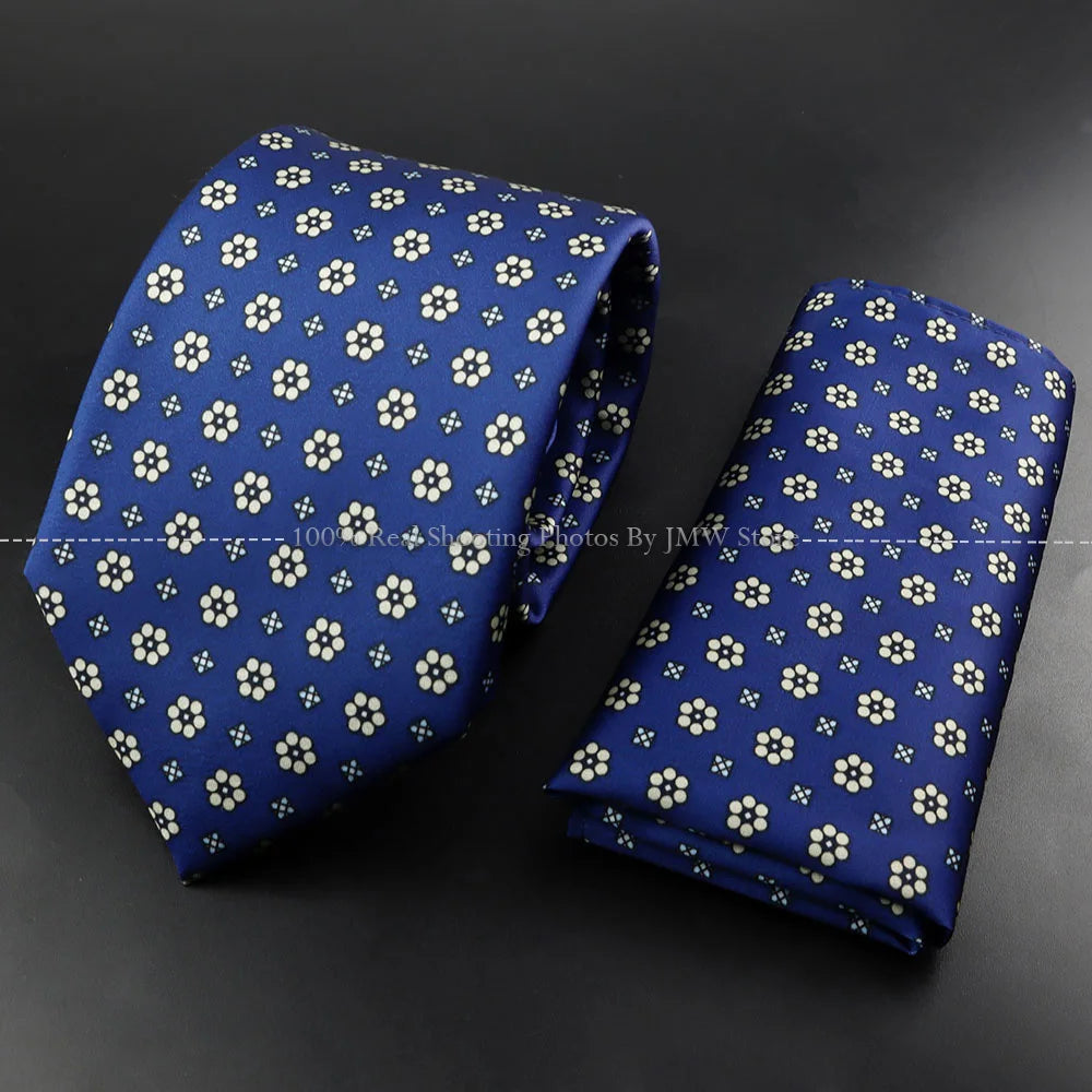 Men's 7.5cm Soft Silk Tie Set With Pocket Square Cufflinks Boutonniere Blue Green Orange Dot Floral Neckwear For Wedding Busines