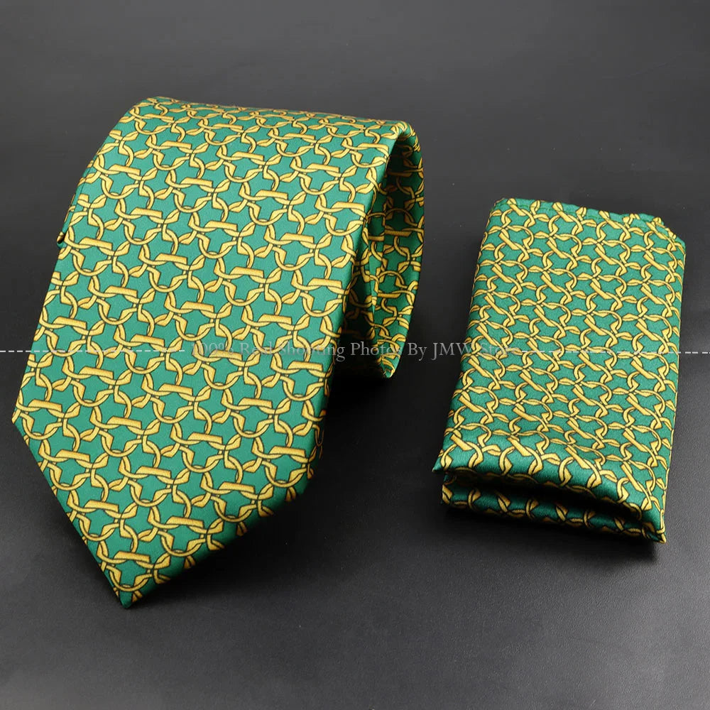 Men's 7.5cm Soft Silk Tie Set With Pocket Square Cufflinks Boutonniere Blue Green Orange Dot Floral Neckwear For Wedding Busines
