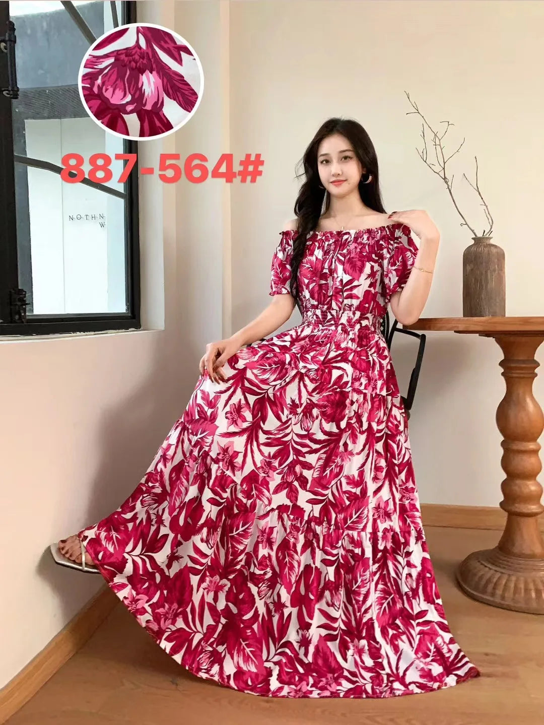 Sexy Slash Neck Long Dress Women Summer Indian Clothes Bohemian Cotton Print Floral Boho Korean Fashion Style Casual Big Skirt
