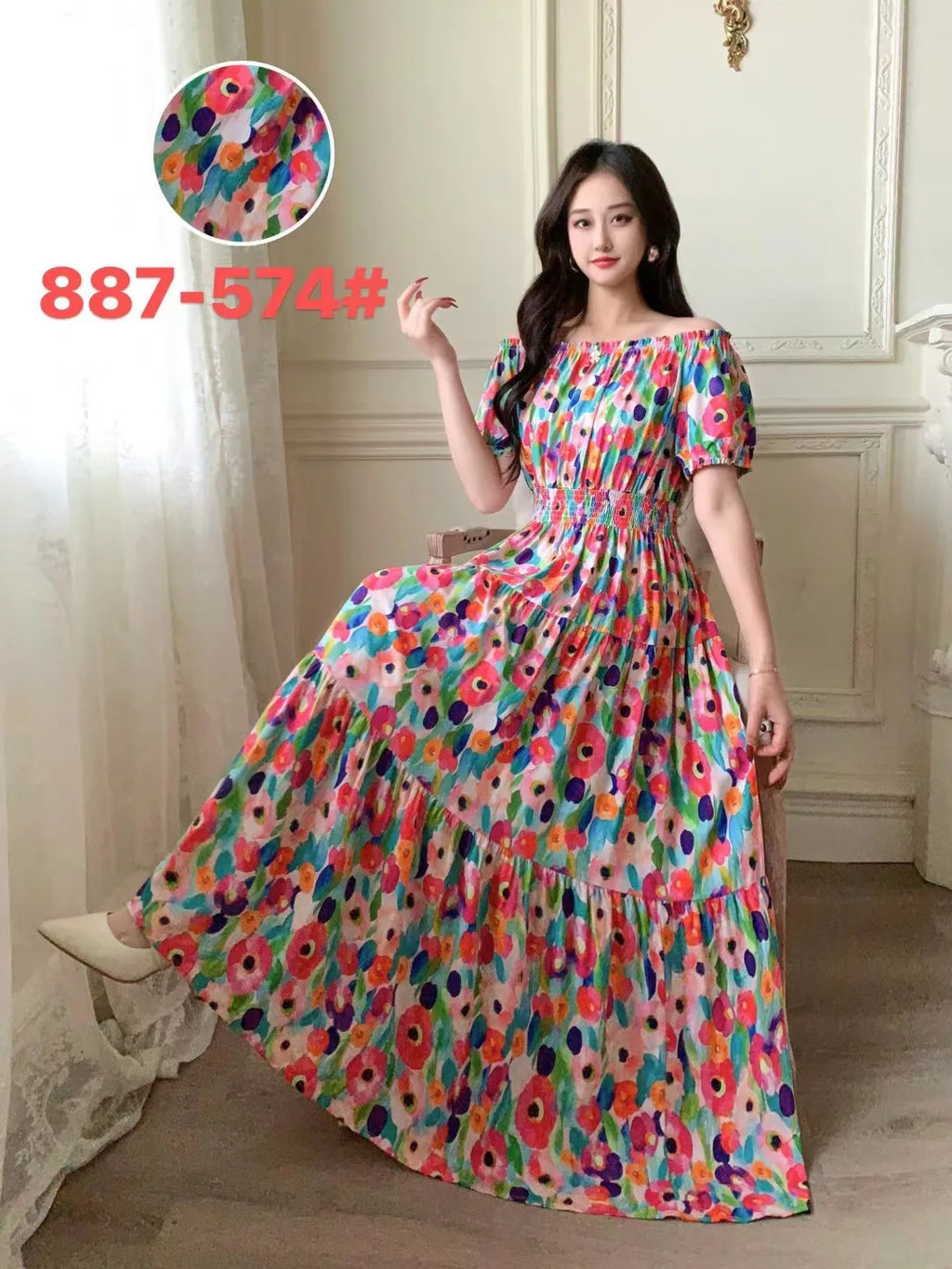Sexy Slash Neck Long Dress Women Summer Indian Clothes Bohemian Cotton Print Floral Boho Korean Fashion Style Casual Big Skirt