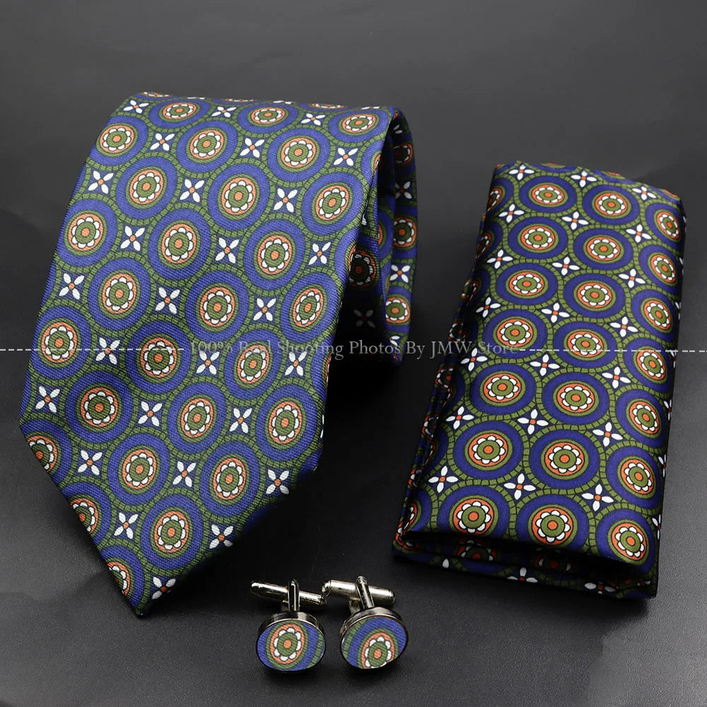 Men's 7.5cm Soft Silk Tie Set With Pocket Square Cufflinks Boutonniere Blue Green Orange Dot Floral Neckwear For Wedding Busines