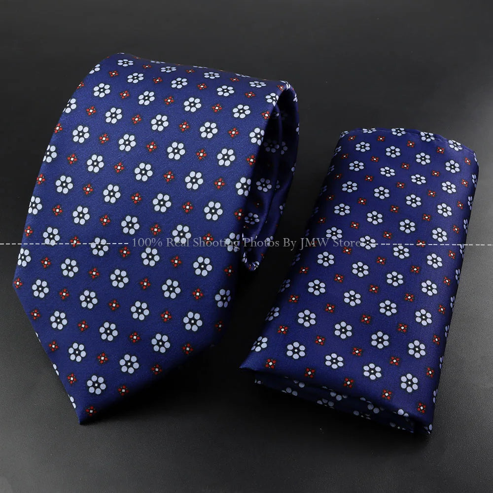 Men's 7.5cm Soft Silk Tie Set With Pocket Square Cufflinks Boutonniere Blue Green Orange Dot Floral Neckwear For Wedding Busines