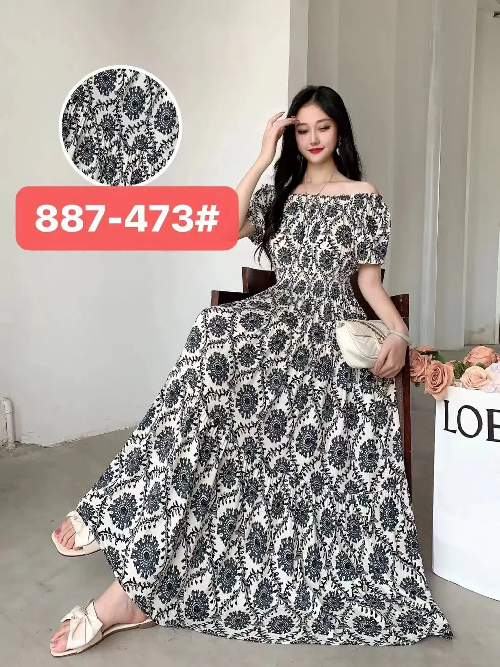 Sexy Slash Neck Long Dress Women Summer Indian Clothes Bohemian Cotton Print Floral Boho Korean Fashion Style Casual Big Skirt